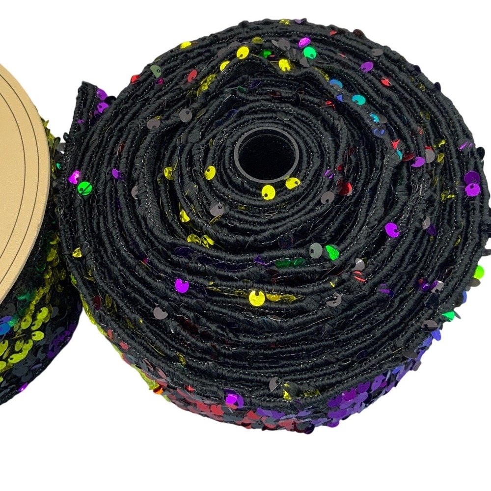 D. Stevens 2.5in‎ x 10Y approx. Rainbow Sequin Wired Ribbon Black/Multicolor NEW - Picture 4 of 6